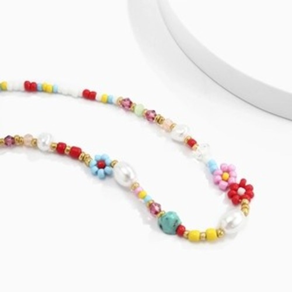 Beaded Necklace Colorful Flower Pearl Accent Trendy Funkycore Y2K - Picture 3 of 4